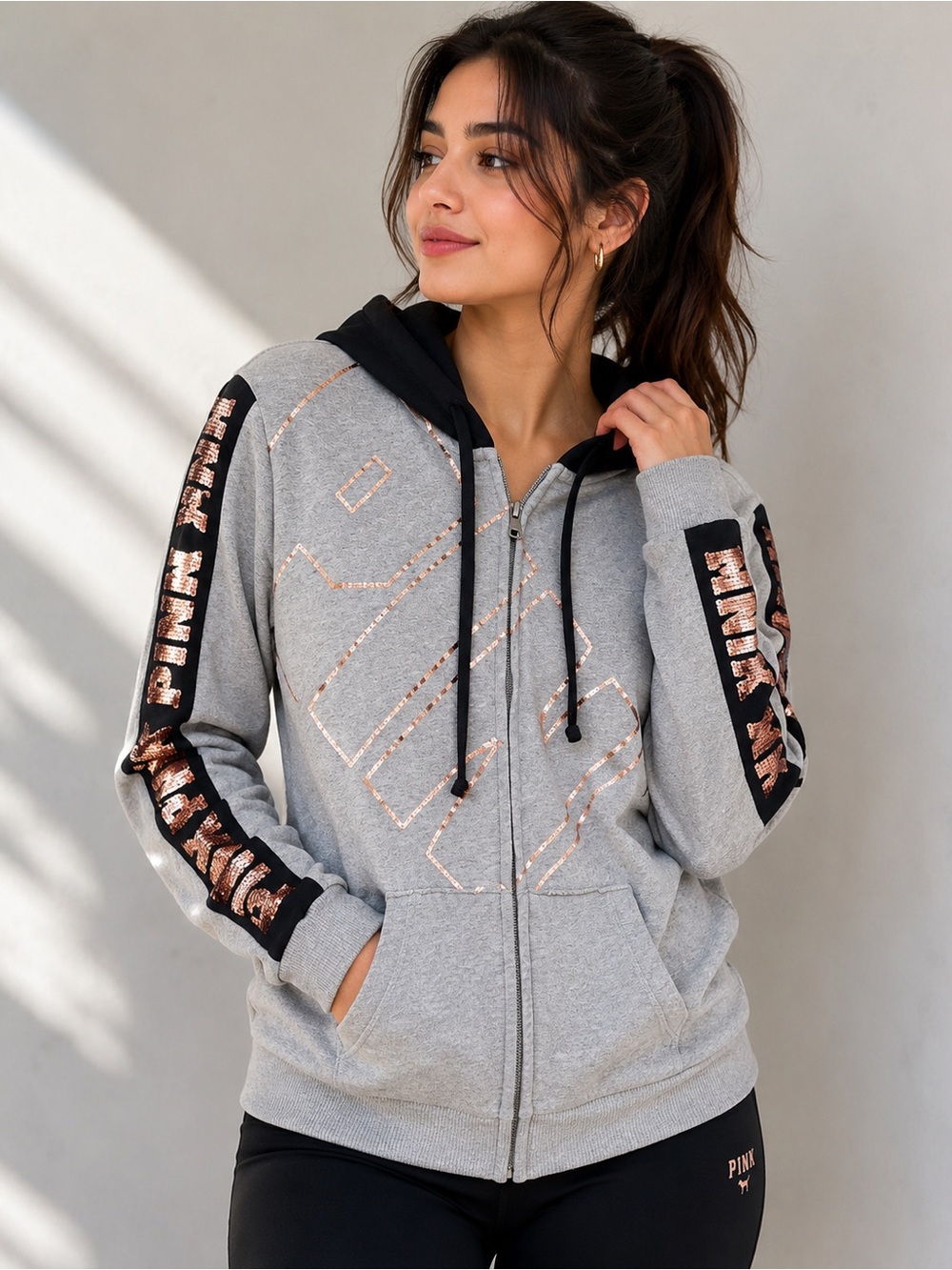 PINK Victoria’s Secret Gray Full-Zip Bling Hoodie | Rose Gold Bling Logo